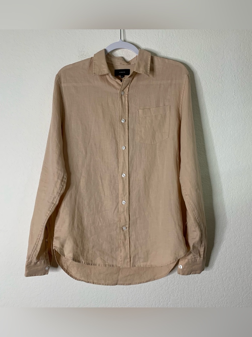 Vince Mens tan 100% linen long sleeve button down shirt XS